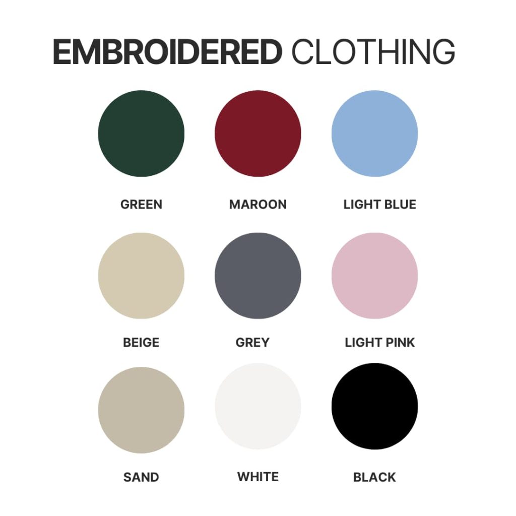 Embroidered clothing color chart 1 - Golden Retriever Shop UK