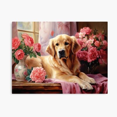 Golden Retriever Surrounded By Pink Roses Poster