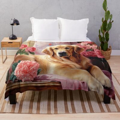Golden Retriever Surrounded By Pink Roses Throw Blanket