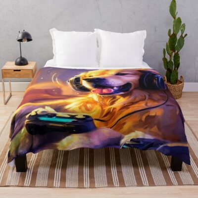 Golden Retriever Playing Video Games Throw Blanket