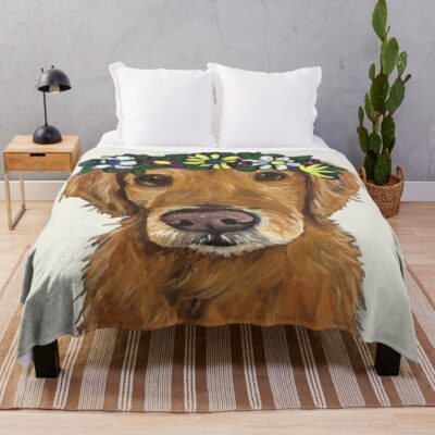 Cute Golden Retriever Flower Crown Art Throw Blanket