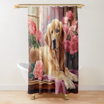 Golden Retriever Surrounded By Pink Roses Shower Curtain