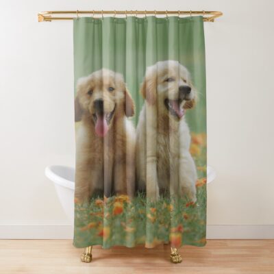 Two Friends Golden Retriever Puppies Shower Curtain
