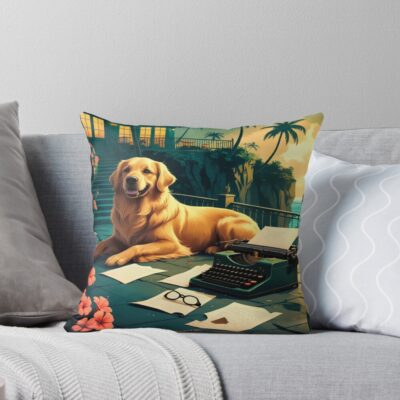 Golden Retriever Typewriter Artwork Throw Pillow