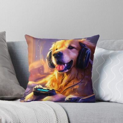 Golden Retriever Playing Video Games Throw Pillow