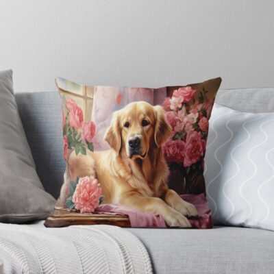 Golden Retriever Surrounded By Pink Roses Throw Pillow