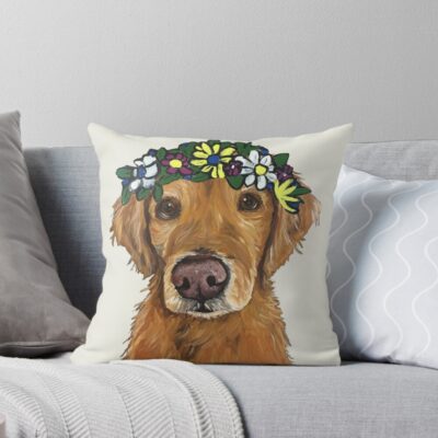 Cute Golden Retriever Flower Crown Art Throw Pillow