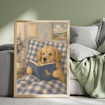 Golden Retriever Reading Book Whimsical Wall Art
