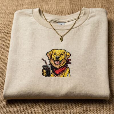 Golden Retriever with Ice Coffee Embroidered T-shirt