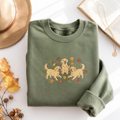Golden Retriever Autumn Leaves Cozy Embroidered Sweatshirt